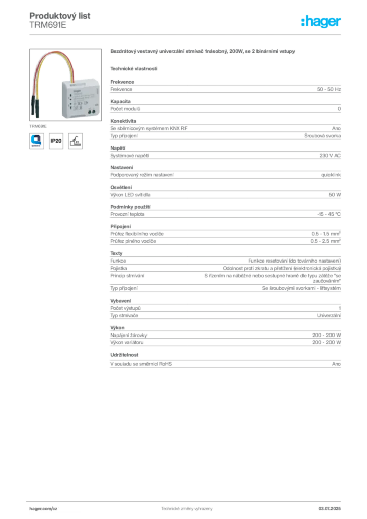 Obrázek Hager Produktový list TRM691E | Hager