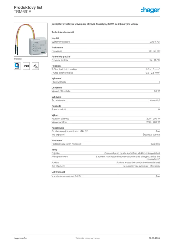 Obrázek Hager Product data sheet TRM691E | Hager