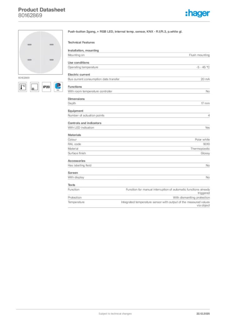 Image Hager Product data sheet 80162869  | Hager Africa