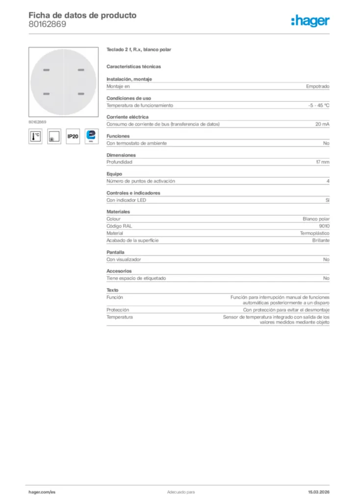Imagen Hager Ficha de datos de producto 80162869 | Hager España