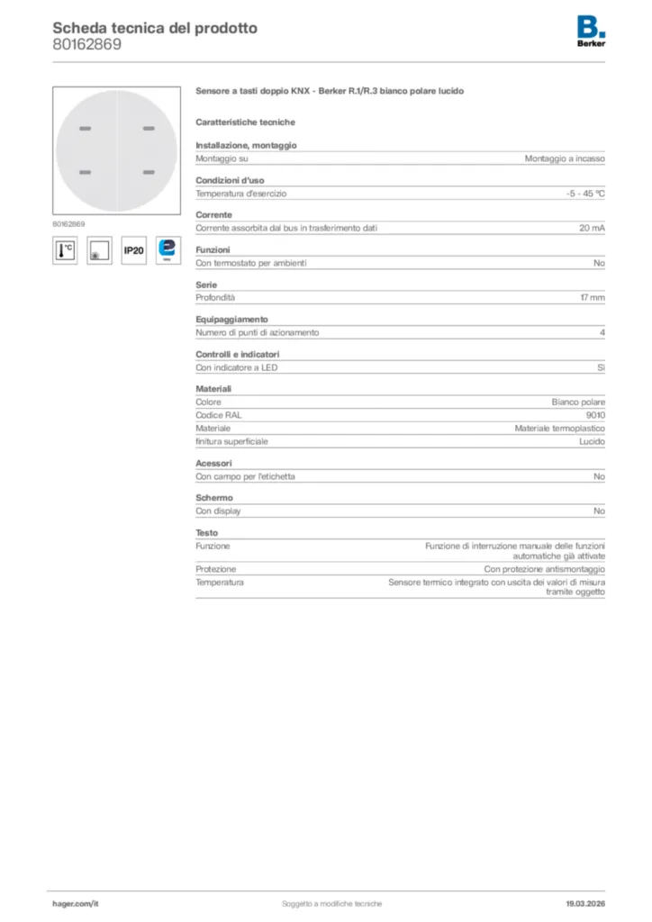 Immagine Berker Scheda tecnica del prodotto 80162869 | Hager Italia