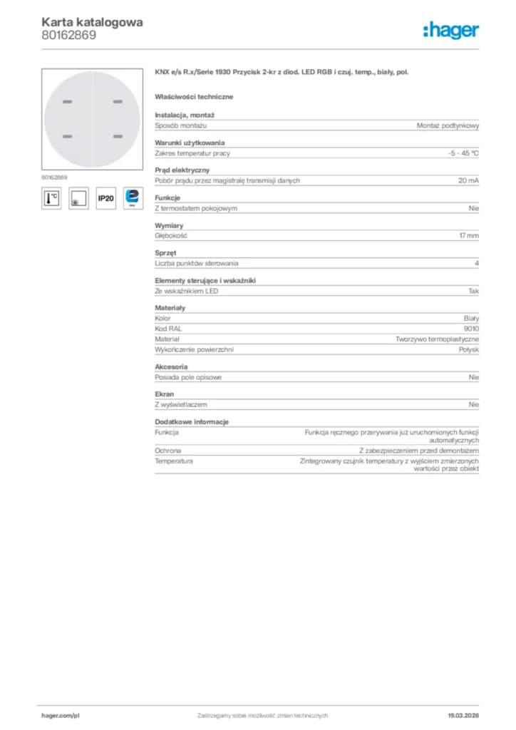 Zdjęcie Hager Karta katalogowa 80162869 | Hager Polska