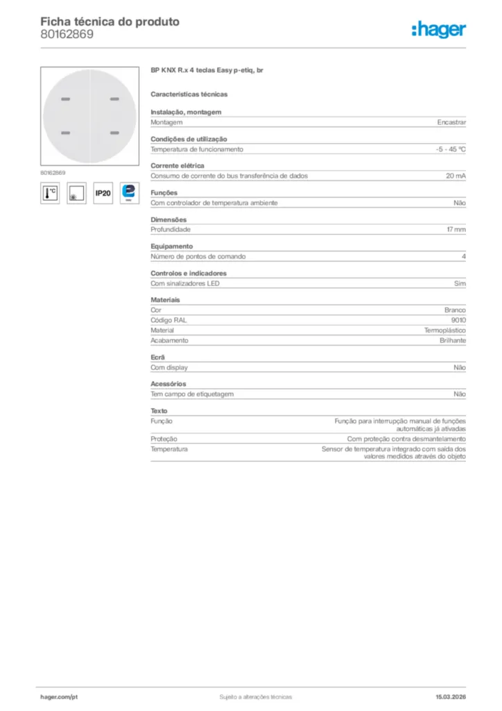 Imagem Hager Ficha técnica do produto 80162869 | Hager Portugal