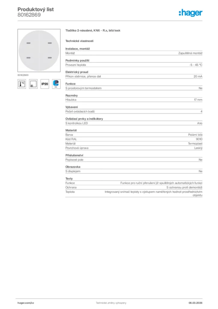 Obrázek Hager Product data sheet 80162869 | Hager