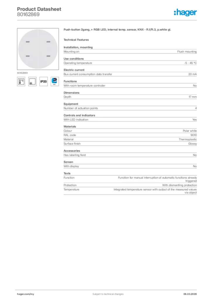 Image Hager Product data sheet 80162869  | Hager