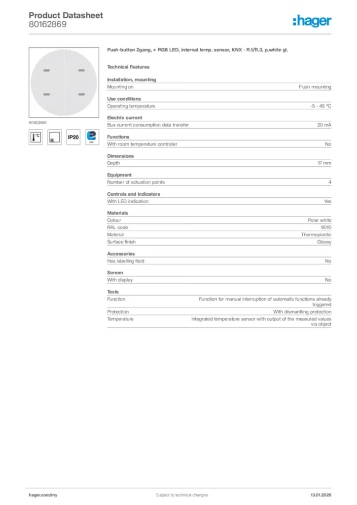 Image Hager Product data sheet 80162869  | Hager