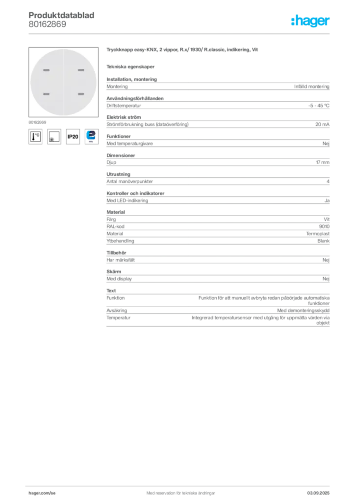 Bild Hager Produktdatablad 80162869 | Hager Sverige