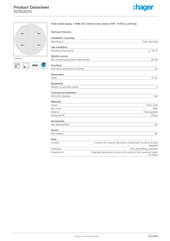 Image Hager Product data sheet 80162869  | Hager