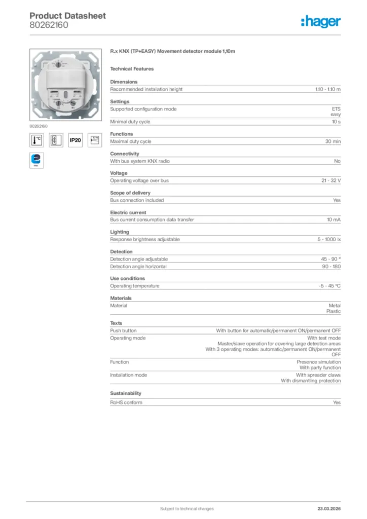 Image Hager Product data sheet 80262160  | Hager Africa