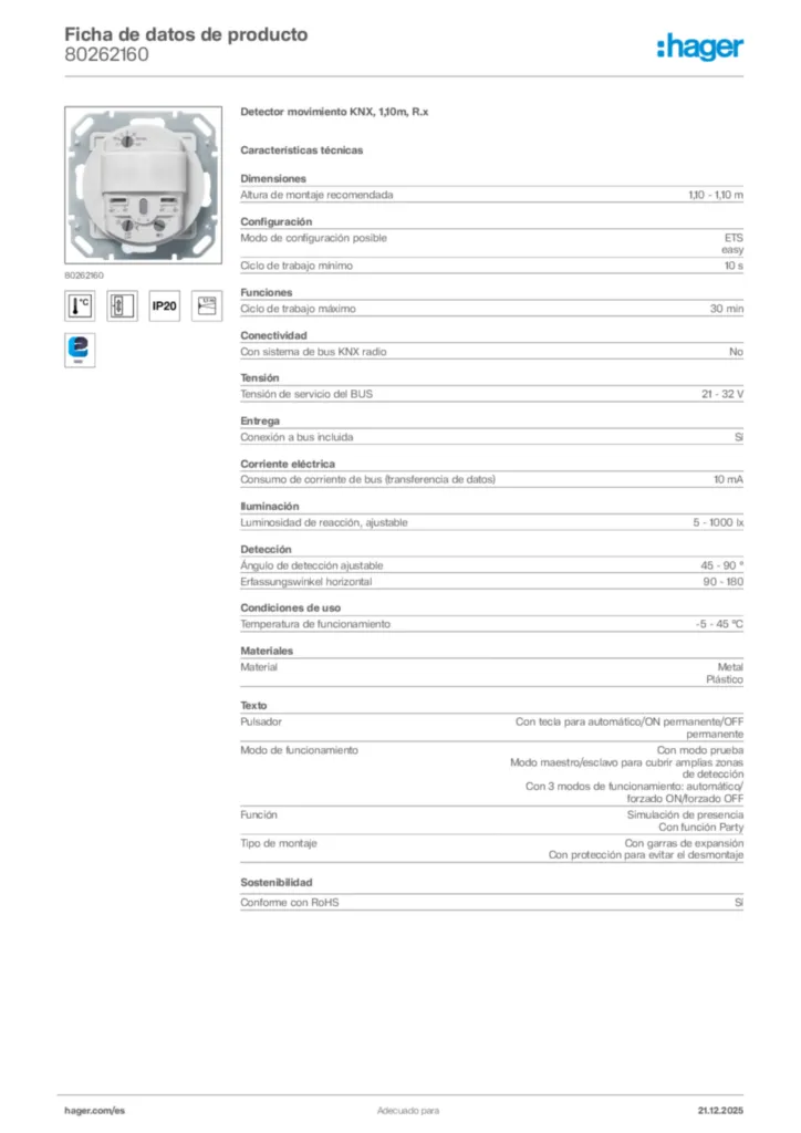 Imagen Hager Ficha de datos de producto 80262160 | Hager España