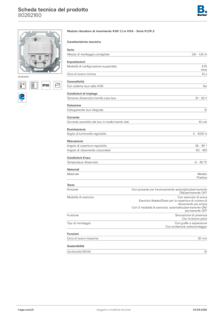 Immagine Berker Scheda tecnica del prodotto 80262160 | Hager Italia