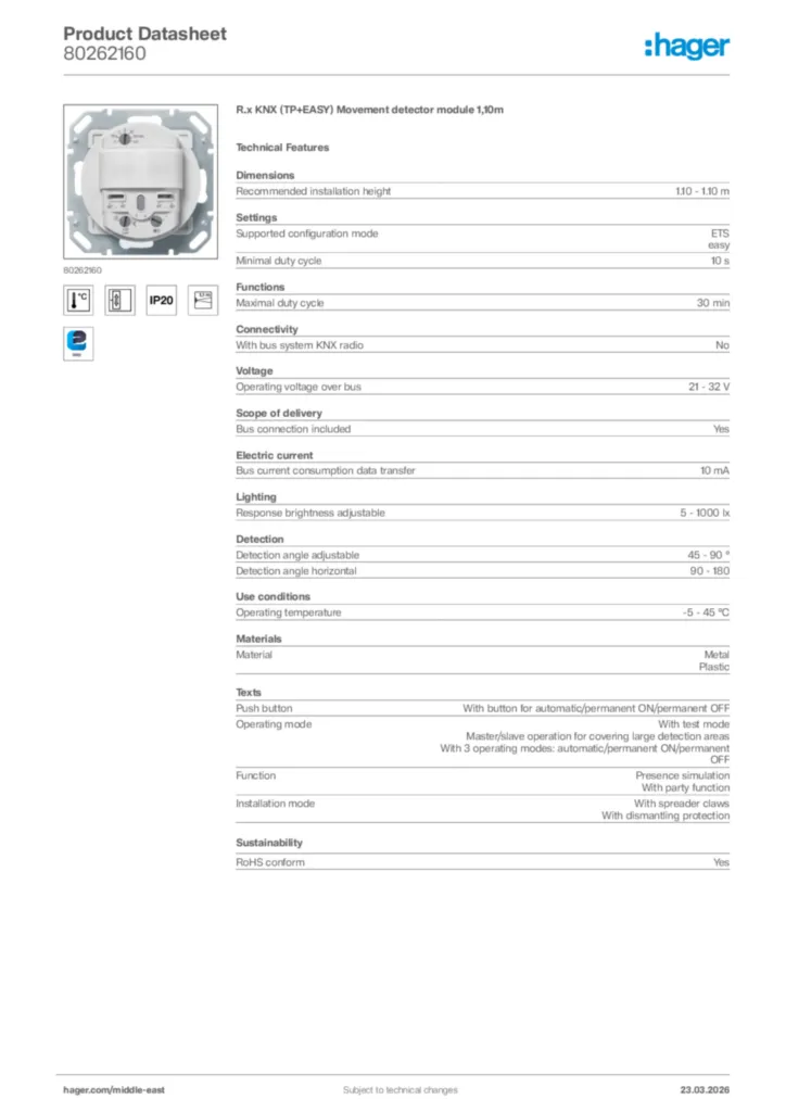 Image Hager Product data sheet 80262160  | Hager