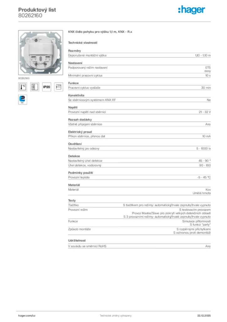 Obrázek Hager Produktový list 80262160 | Hager