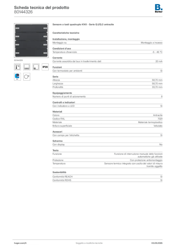 Immagine Berker Scheda tecnica del prodotto 80144326 | Hager Italia