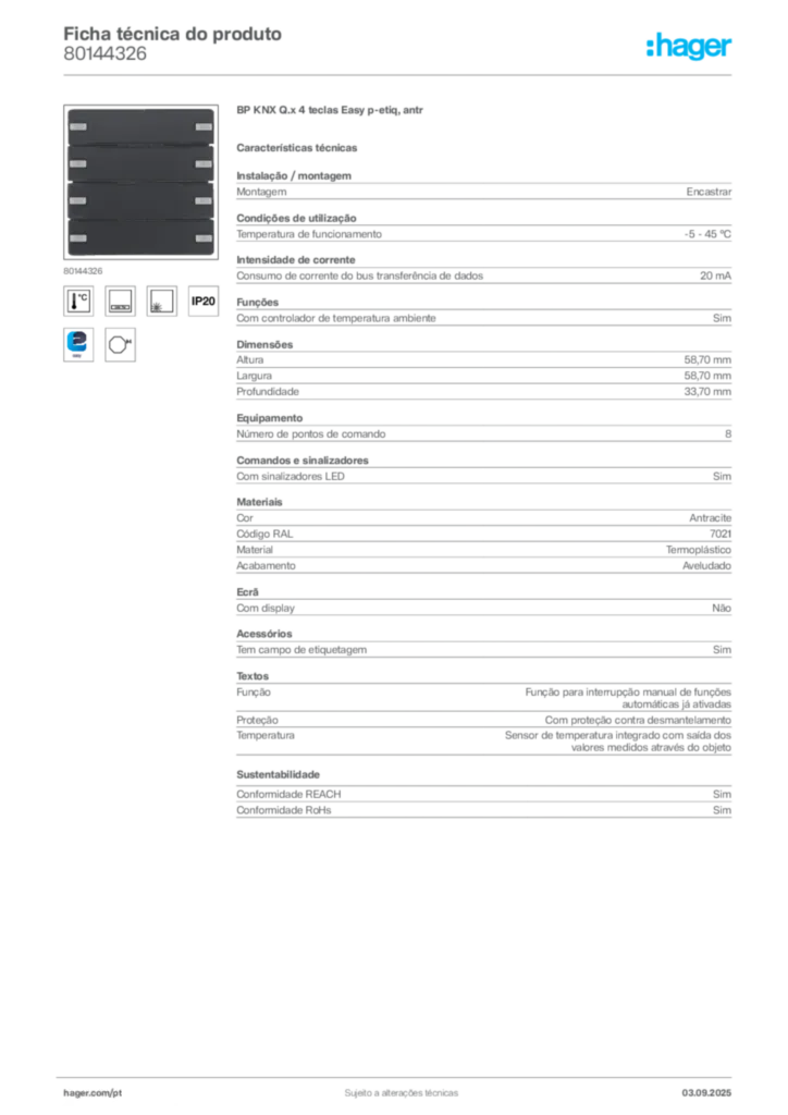 Imagem Hager Ficha técnica do produto 80144326 | Hager Portugal
