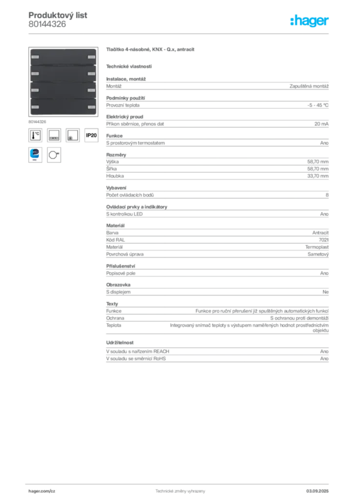 Obrázek Hager Produktový list 80144326 | Hager