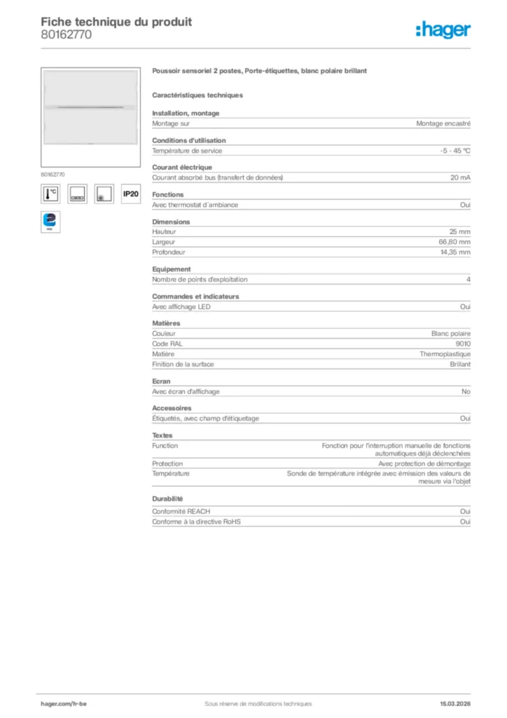 Image Hager Fiche technique du produit 80162770 | Hager Belgique