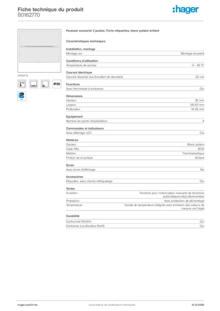 Image Hager Fiche technique du produit 80162770 | Hager Belgique