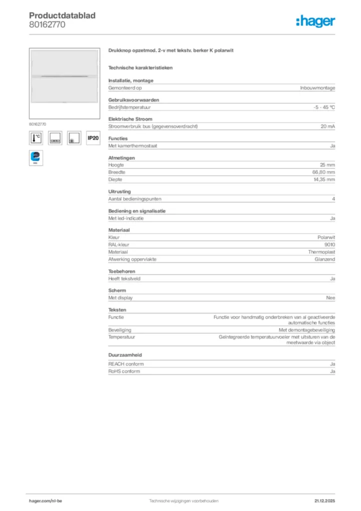Afbeelding Hager Productdatablad 80162770 | Hager Belgium