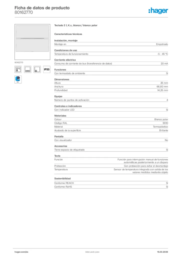 Imagen Hager Ficha de datos de producto 80162770 | Hager España