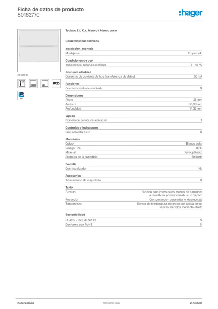 Imagen Hager Ficha de datos de producto 80162770 | Hager España
