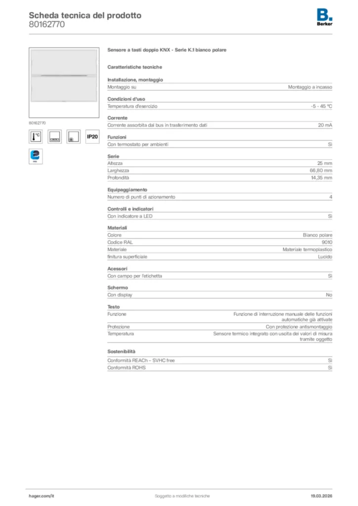 Immagine Berker Scheda tecnica del prodotto 80162770 | Hager Italia