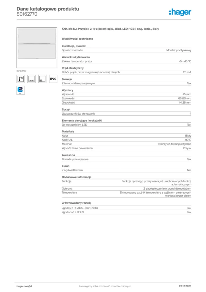 Zdjęcie Hager Dane katalogowe produktu 80162770 | Hager Polska