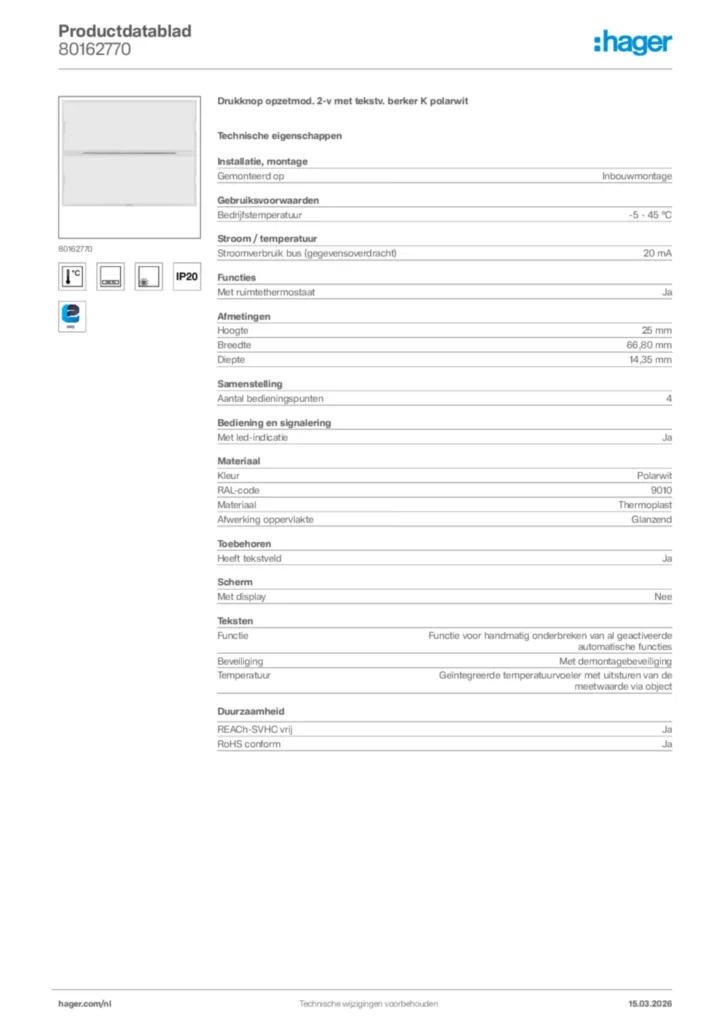 Afbeelding Hager Productdatablad 80162770 | Hager Nederland