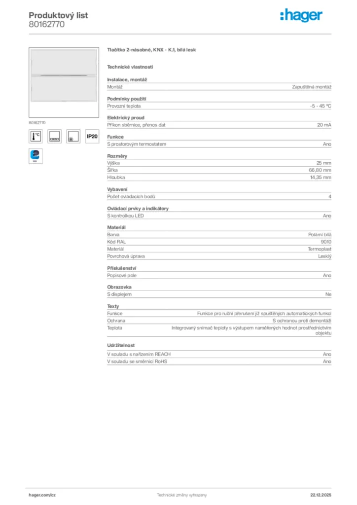 Obrázek Hager Produktový list 80162770 | Hager