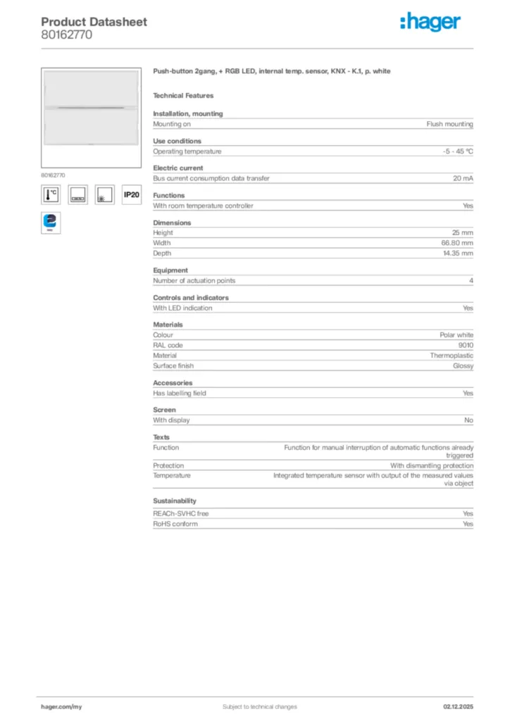 Image Hager Product data sheet 80162770  | Hager