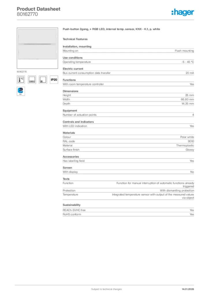 Image Hager Product data sheet 80162770  | Hager