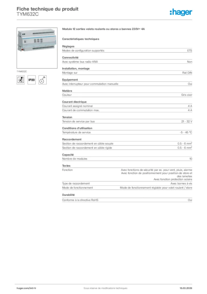 Image Hager Fiche technique du produit TYM632C | Hager Afrique