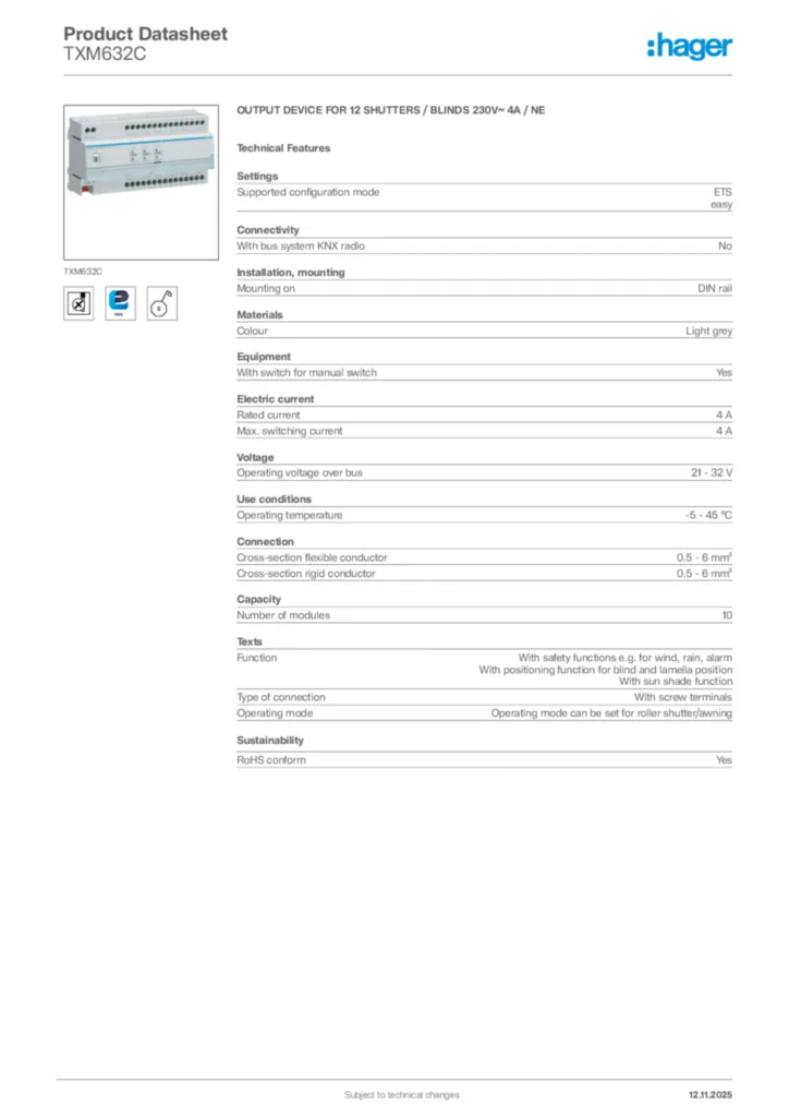 Image Hager Product data sheet TXM632C  | Hager Africa