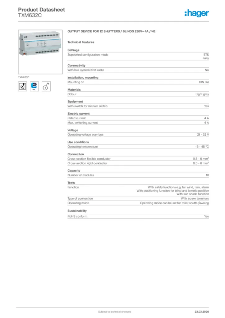 Image Hager Product data sheet TXM632C  | Hager Africa