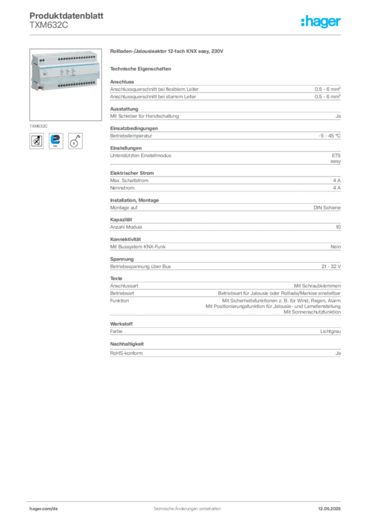 Hager Produktdatenblatt TXM632C