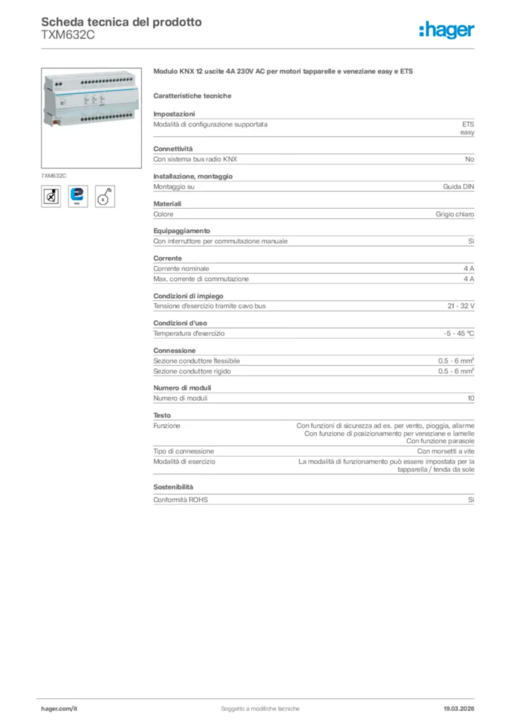 Immagine Hager Scheda tecnica del prodotto TXM632C | Hager Italia