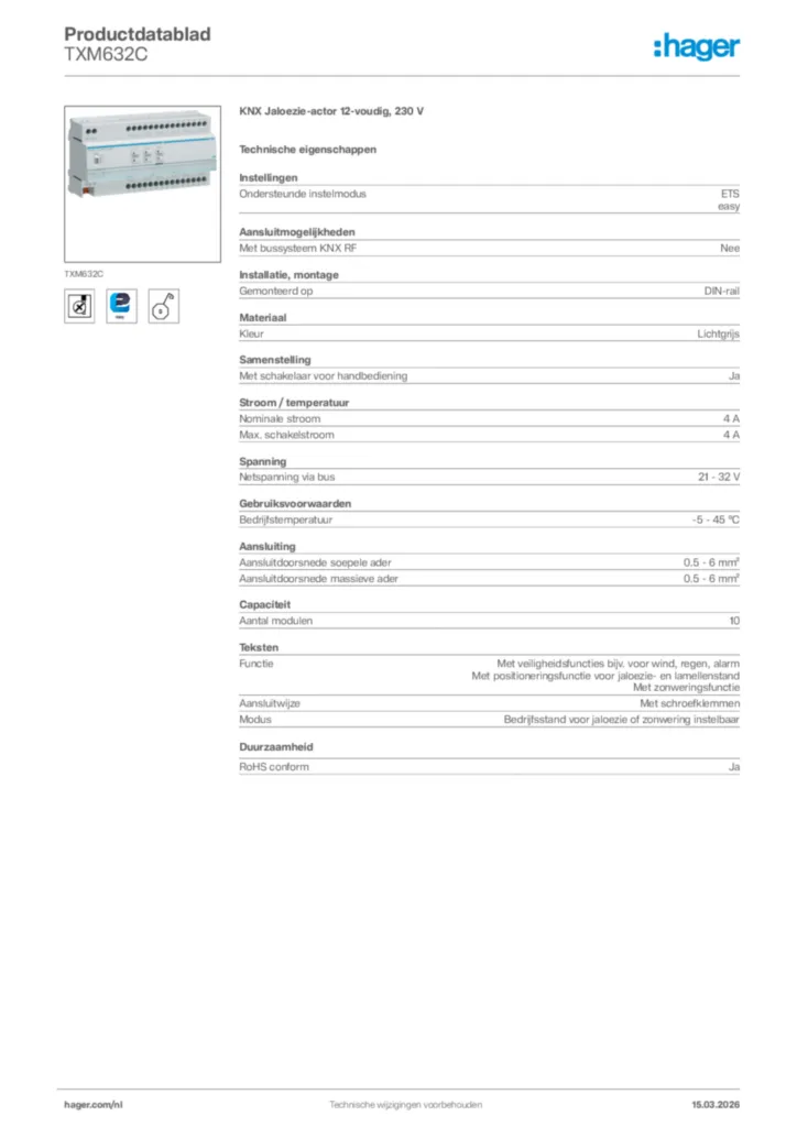 Afbeelding Hager Productdatablad TXM632C | Hager Nederland