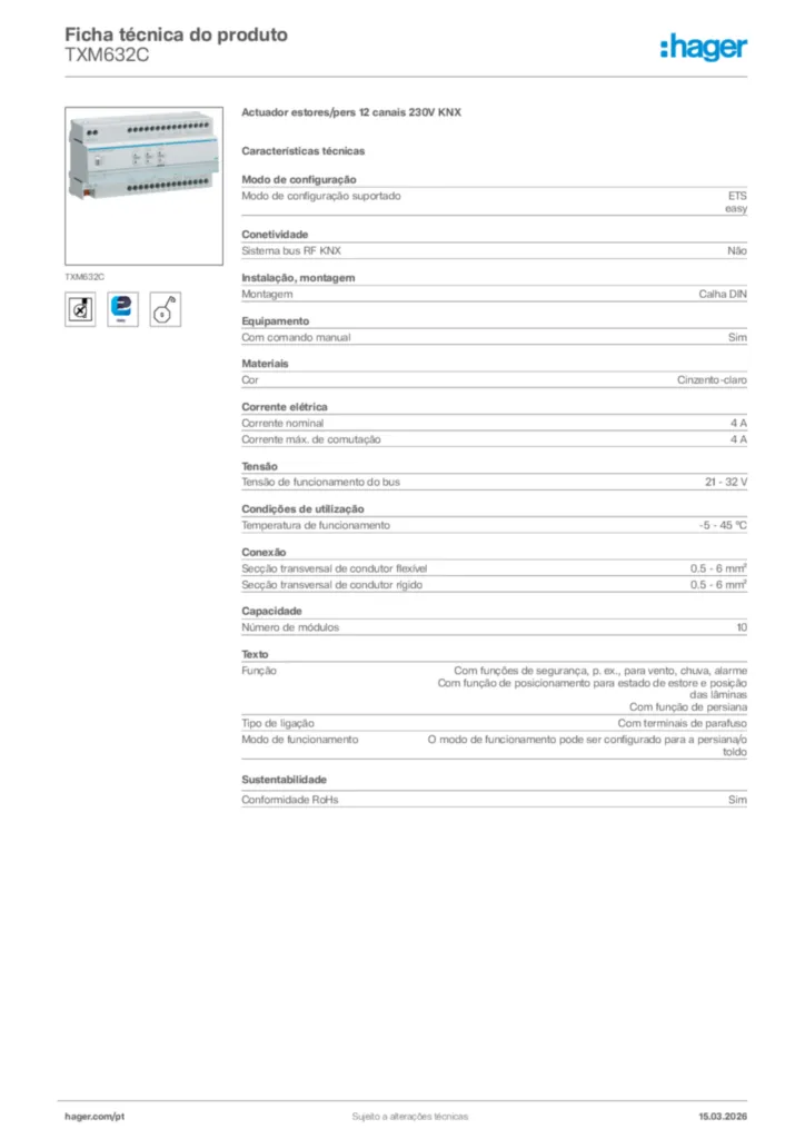 Imagem Hager Ficha técnica do produto TXM632C | Hager Portugal