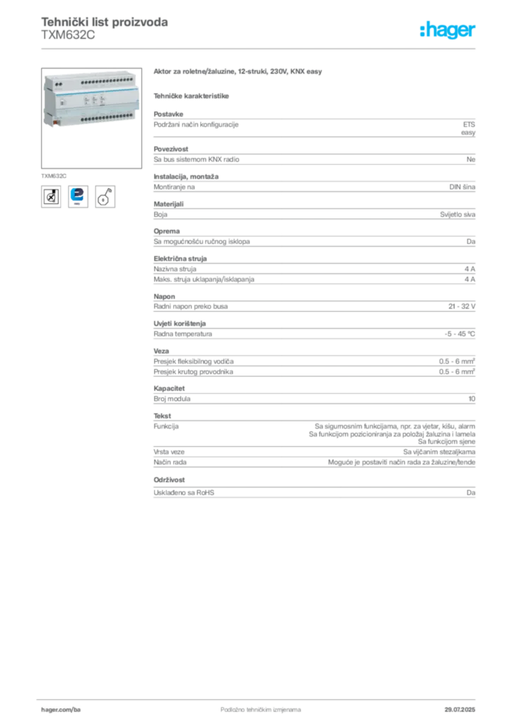 Slika Hager Product data sheet TXM632C  | Hager