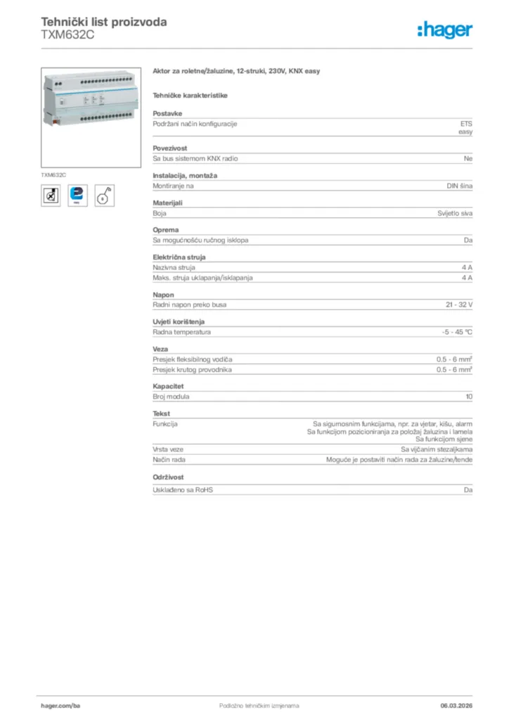 Slika Hager Tehnički list proizvoda TXM632C  | Hager