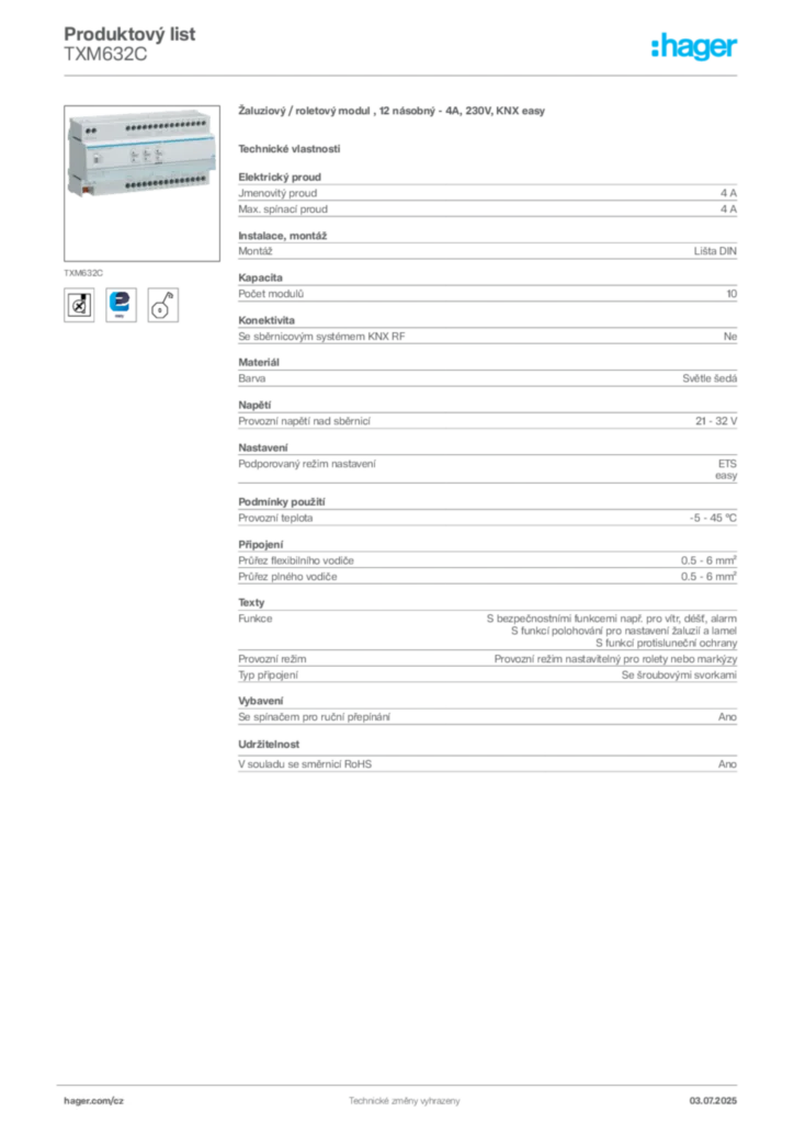 Obrázek Hager Produktový list TXM632C | Hager
