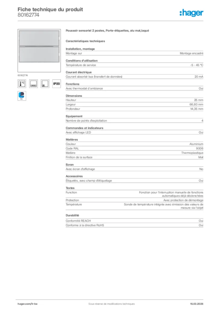 Image Hager Fiche technique du produit 80162774 | Hager Belgique