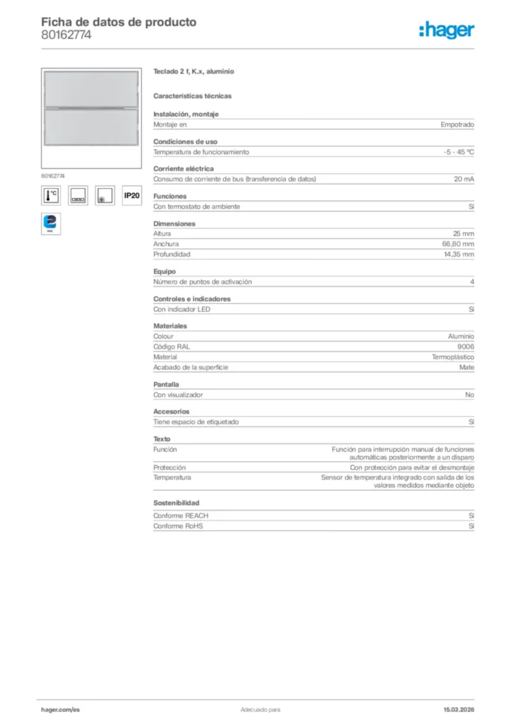 Imagen Hager Ficha de datos de producto 80162774 | Hager España