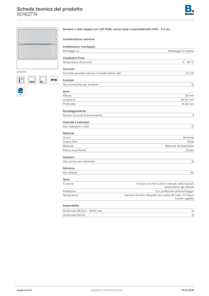 Immagine Berker Scheda tecnica del prodotto 80162774 | Hager Italia