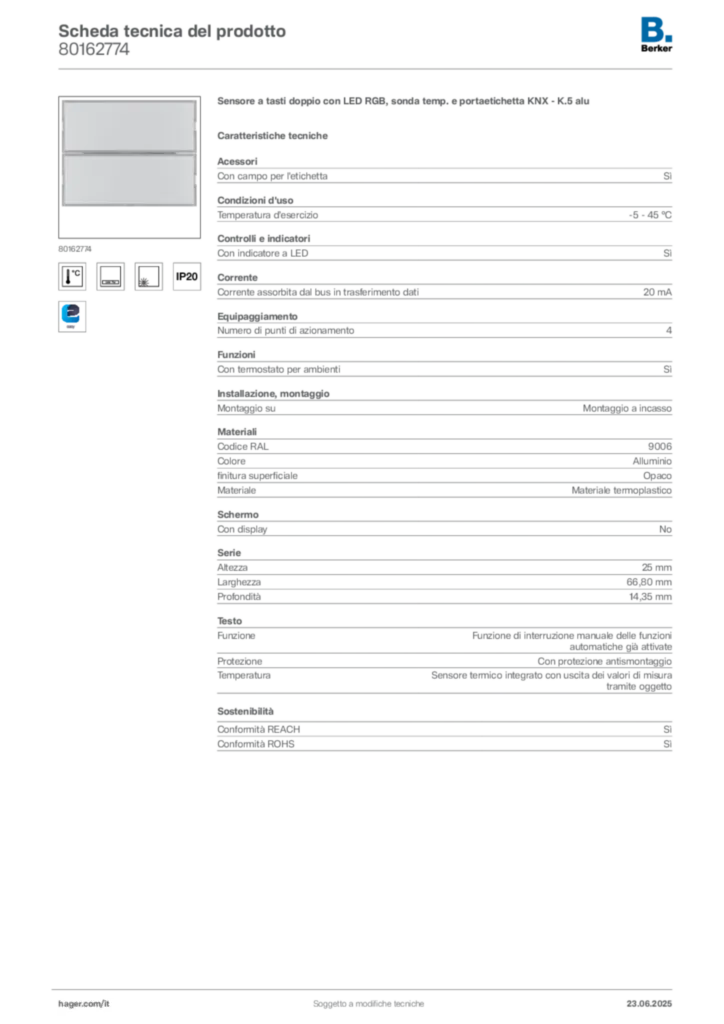 Immagine Berker Scheda tecnica del prodotto 80162774 | Hager Italia