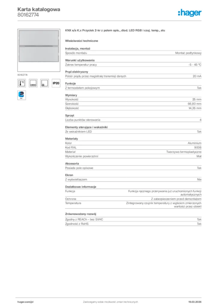 Zdjęcie Hager Karta katalogowa 80162774 | Hager Polska