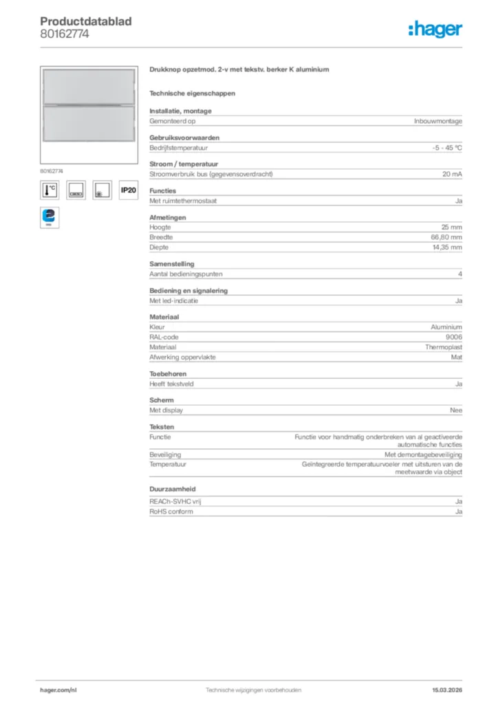 Afbeelding Hager Productdatablad 80162774 | Hager Nederland