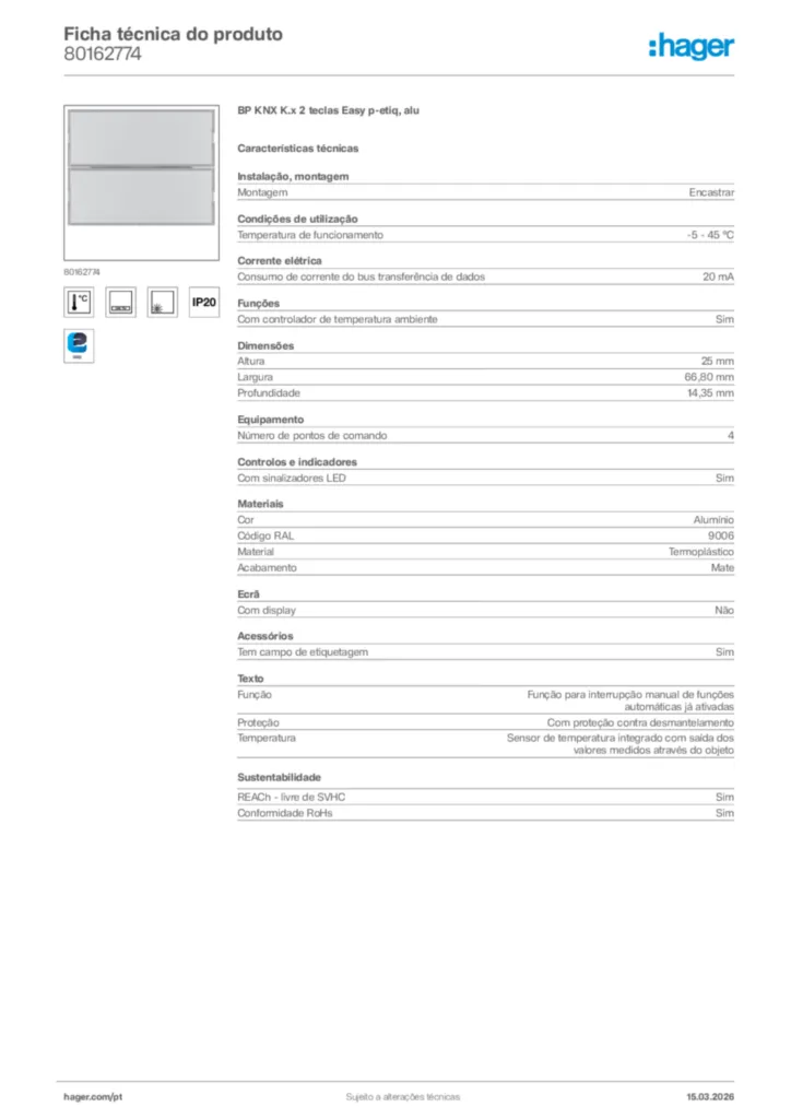 Imagem Hager Ficha técnica do produto 80162774 | Hager Portugal