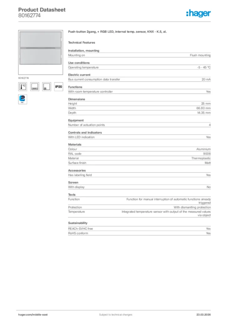 Image Hager Product data sheet 80162774  | Hager