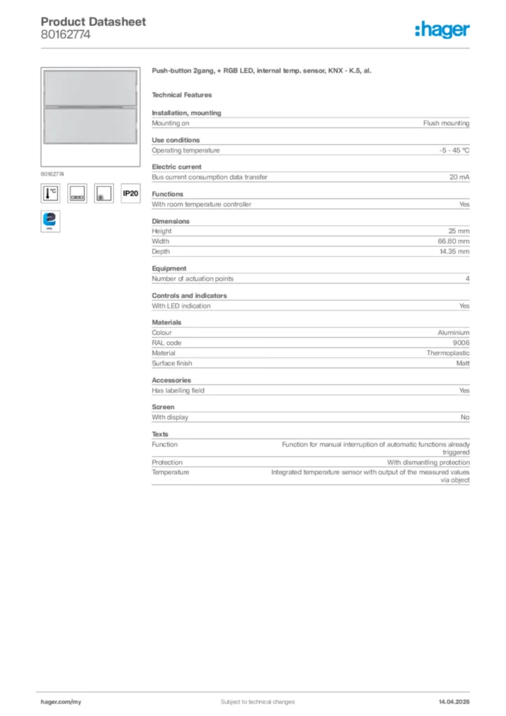 Image Hager Product data sheet 80162774  | Hager